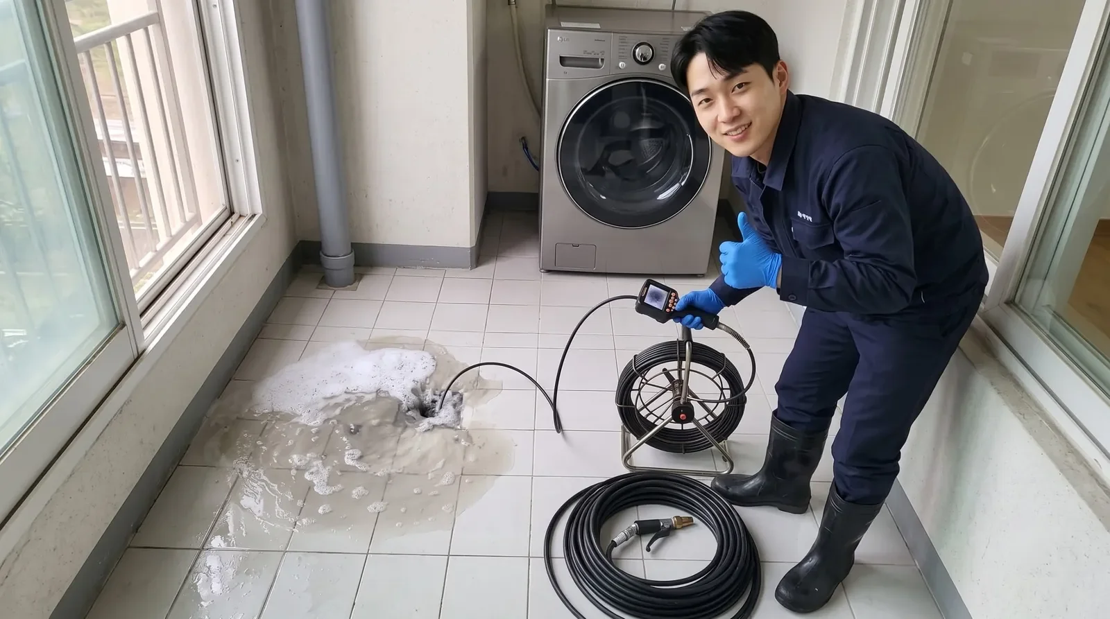 경기 북부권 세탁실 배수구 역류 현장에서 배관내시경을 든 기술자